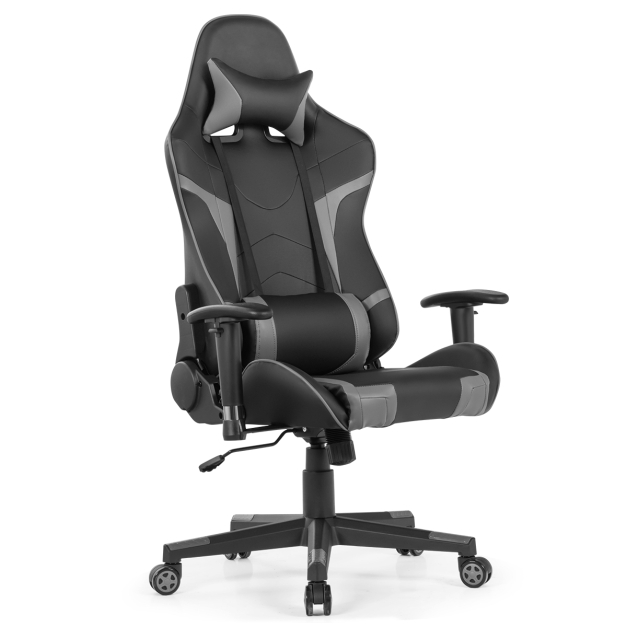 Bürostuhl mit Lendenkissen & Kopfstütze Ergonomischer Gaming Stuhl Schwarz  + Grau - Costway